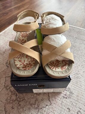 Lands' End Beige Crisscross Strap Sandals with Floral Insole